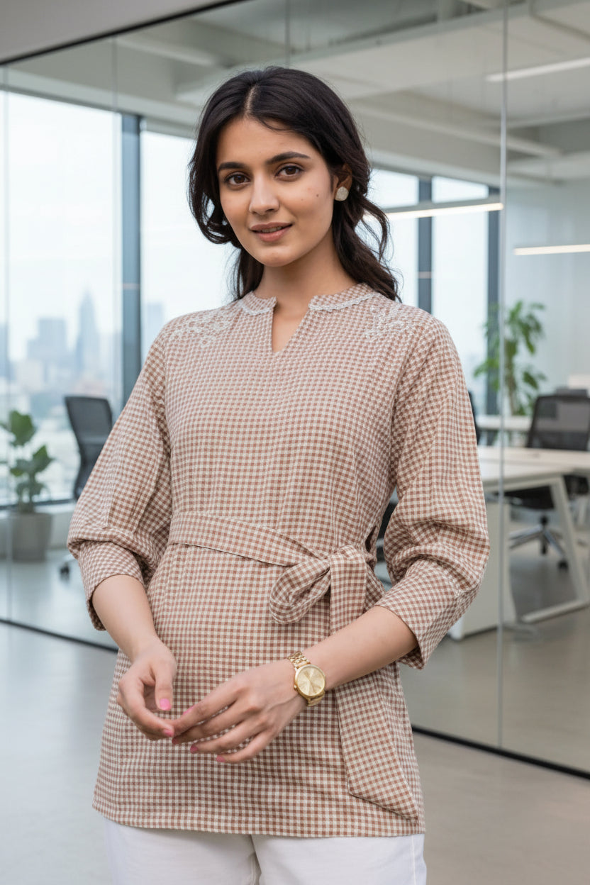 Brown Checks Embroidery Top