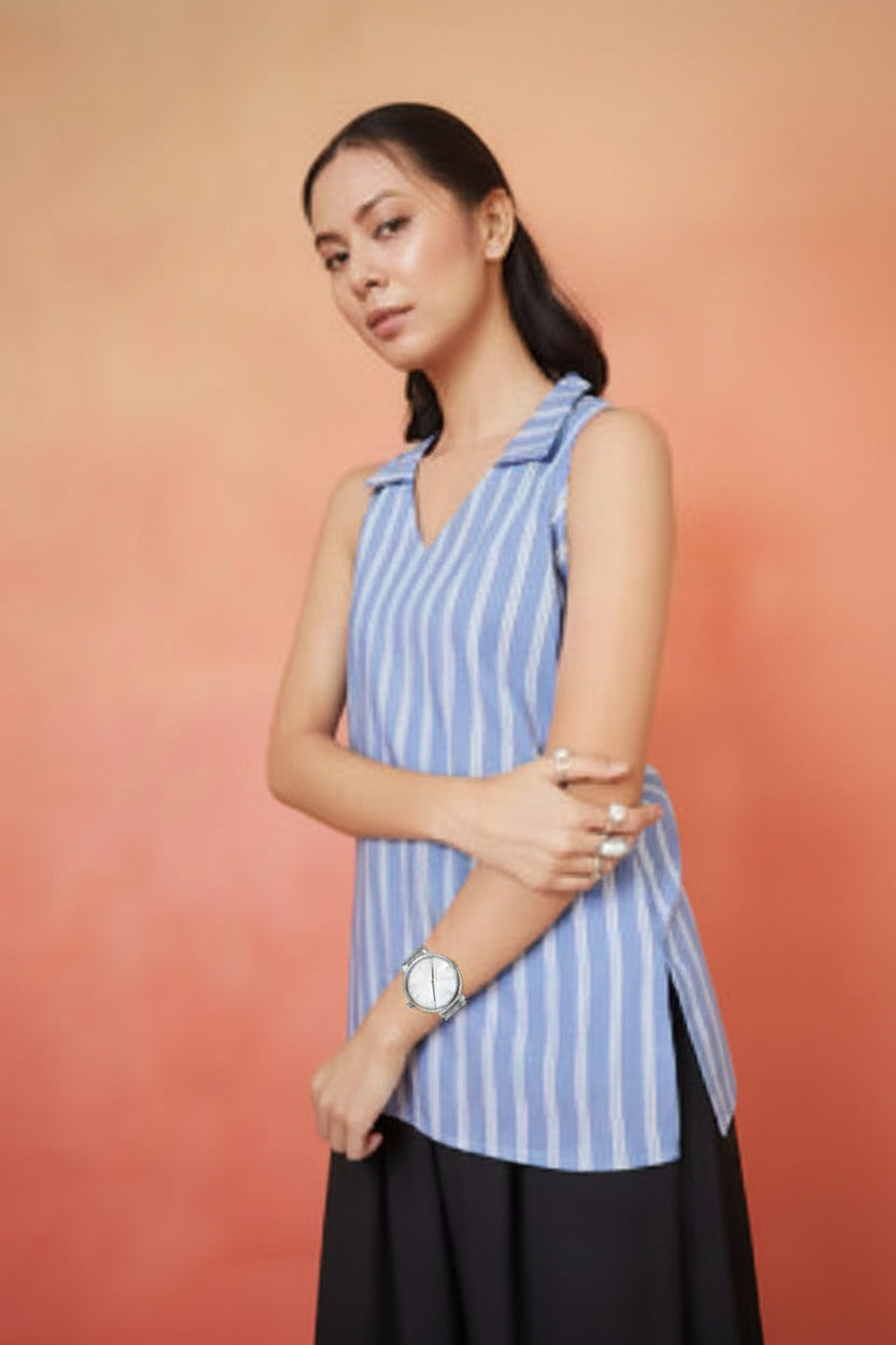Blue Striped Collared Top