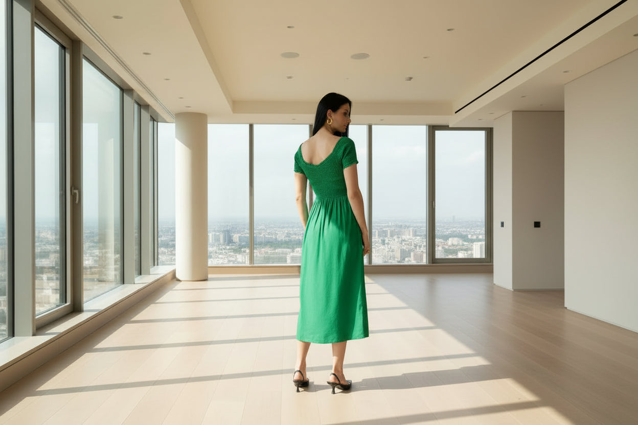 Green Smocked Midi