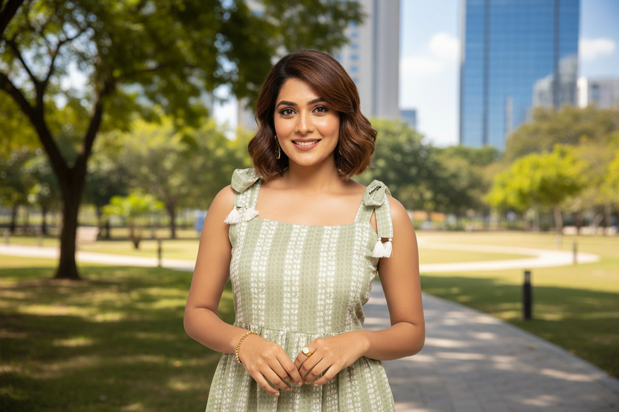 Green Tie-Up Sleeves Midi
