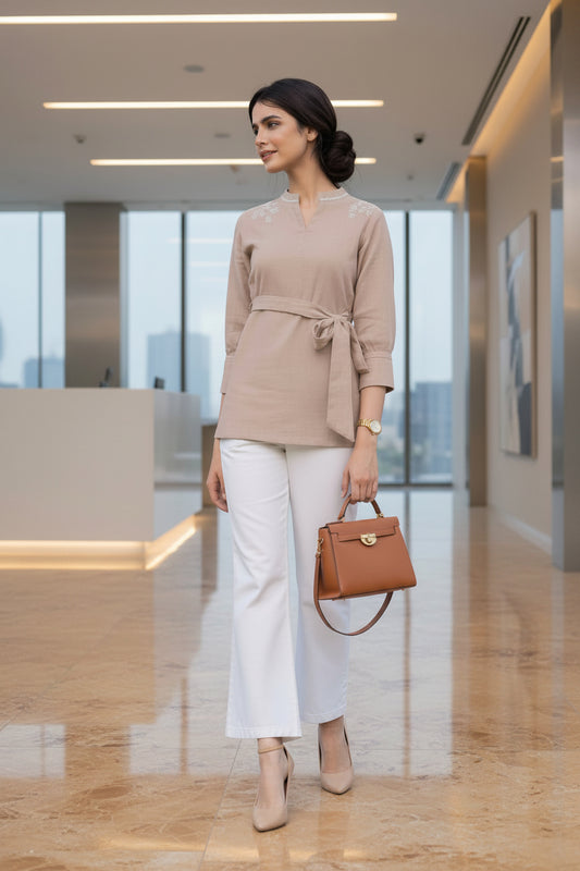 Brown Checks Embroidery Top