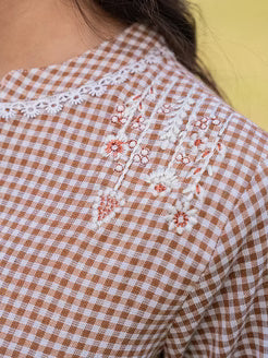 Brown Checks Embroidery Top