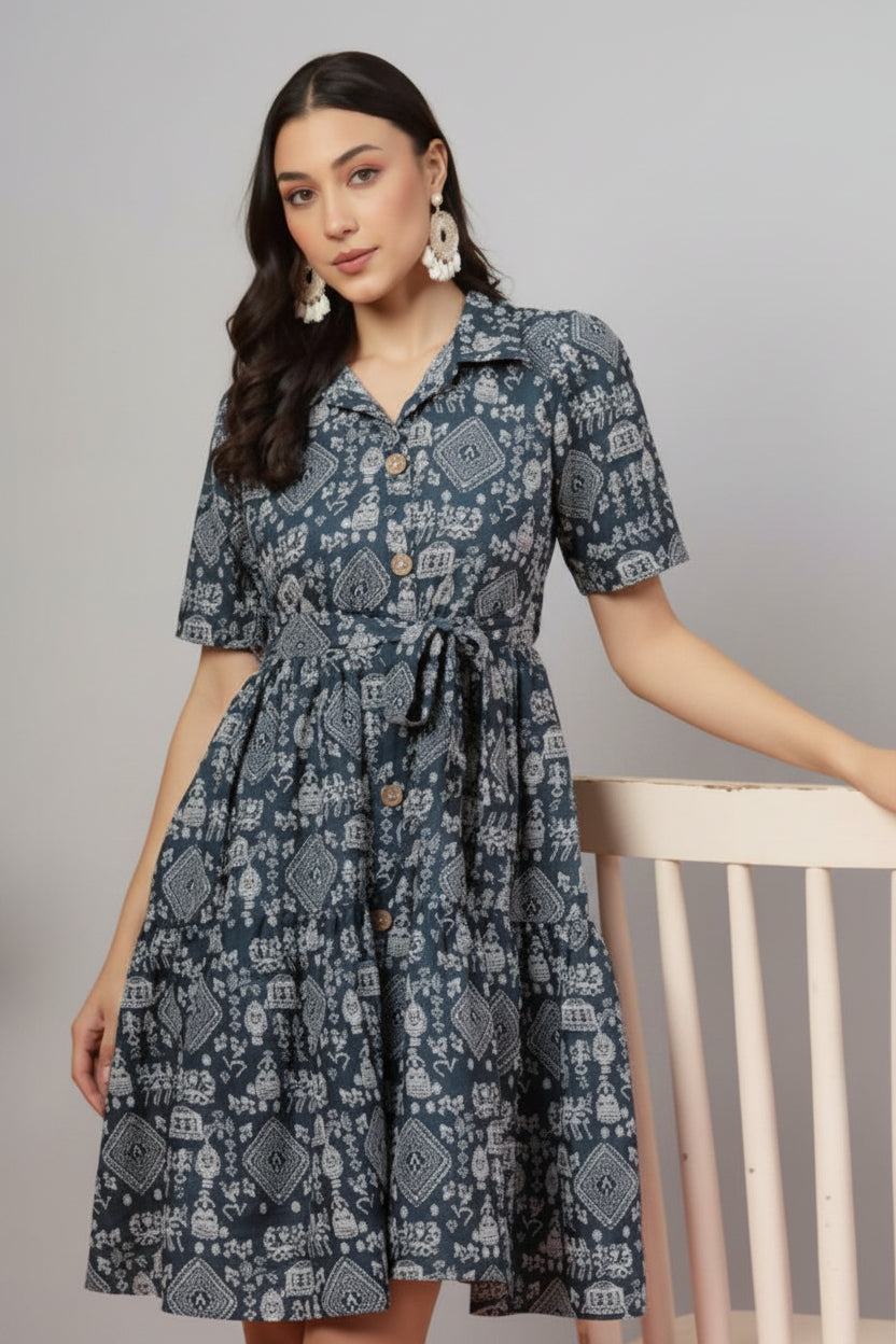 Blue Bagru Shirt Dress
