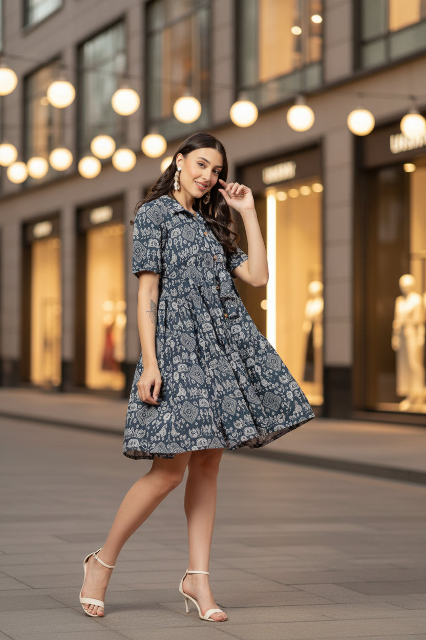 Blue Bagru Shirt Dress