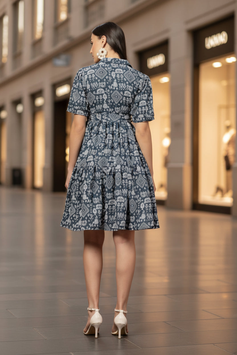 Blue Bagru Shirt Dress
