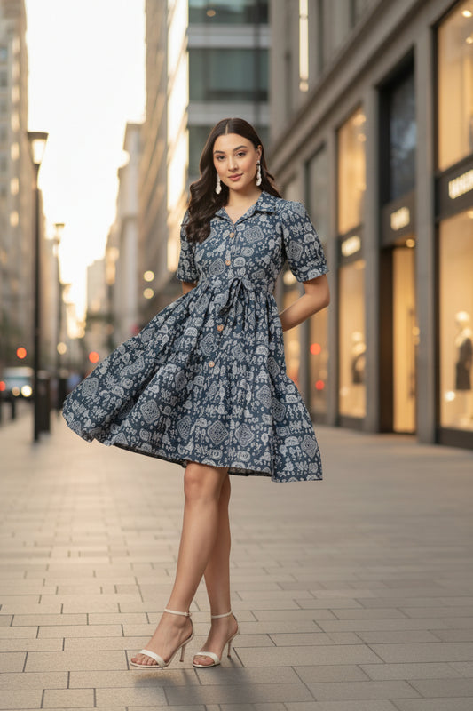Blue Bagru Shirt Dress