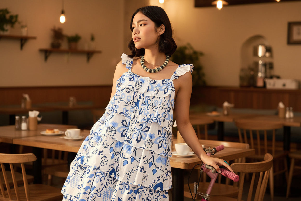 Blue Floral Frill Dress