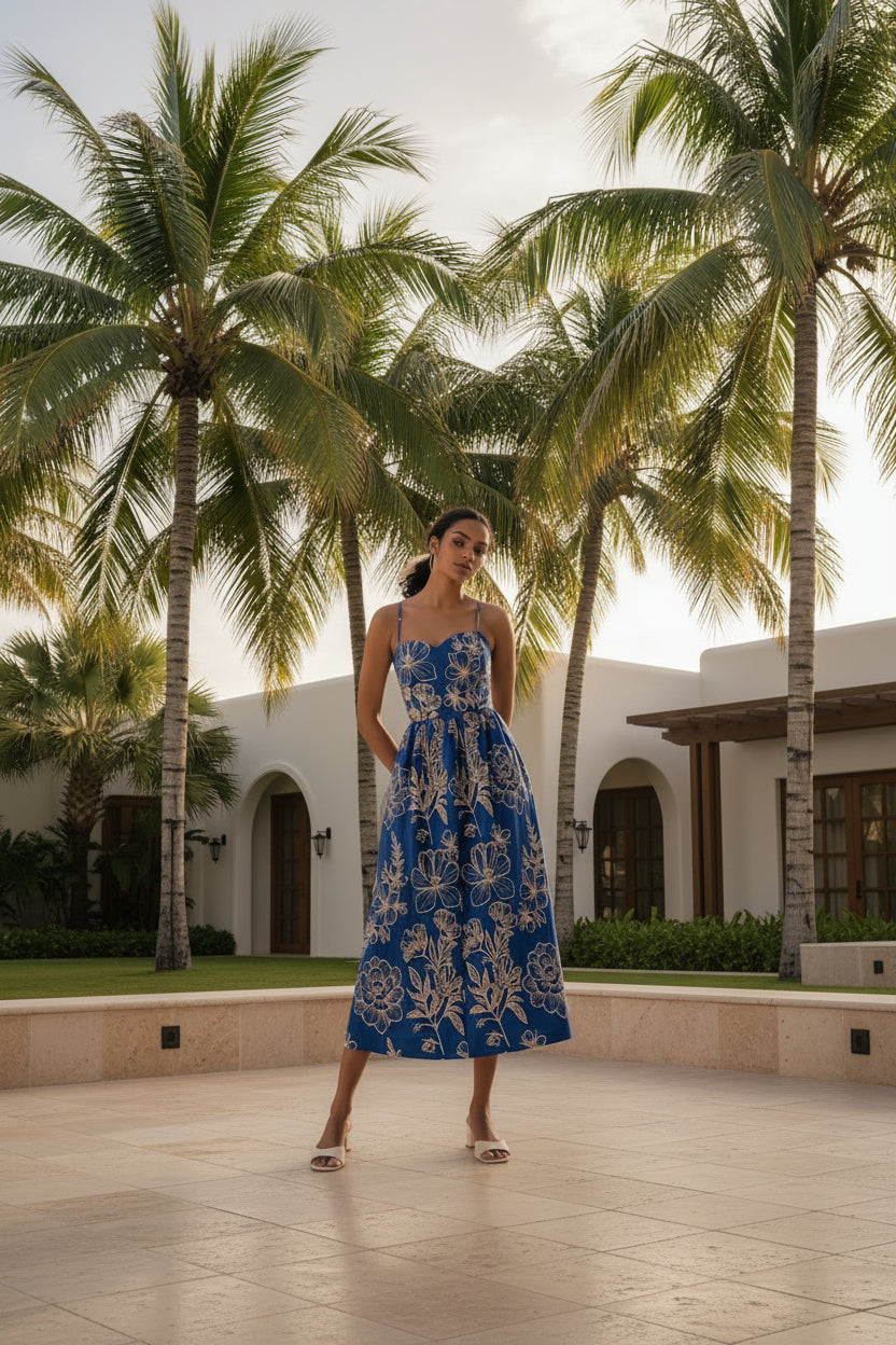 Blue Floral Spaghetti Midi