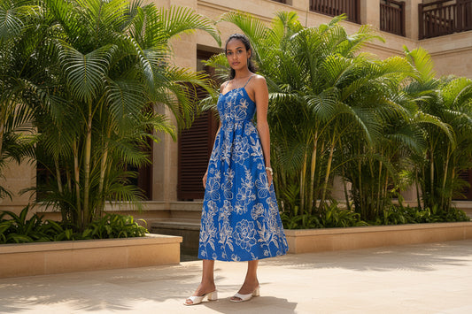 Blue Floral Spaghetti Midi