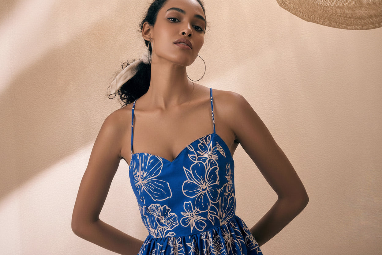 Blue Floral Spaghetti Midi
