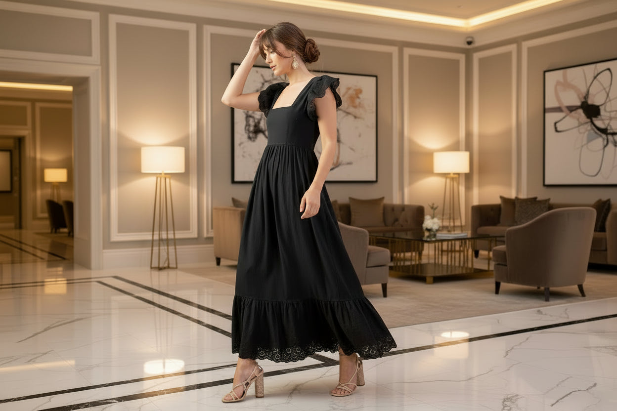 Black Schiffli Back-Cut Maxi