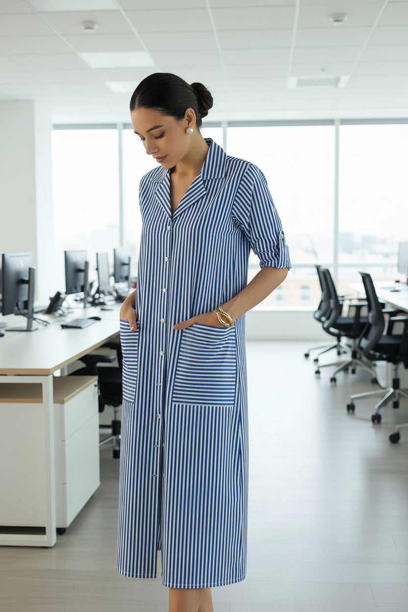 Blue Striped Front Pocket Shirt Dress