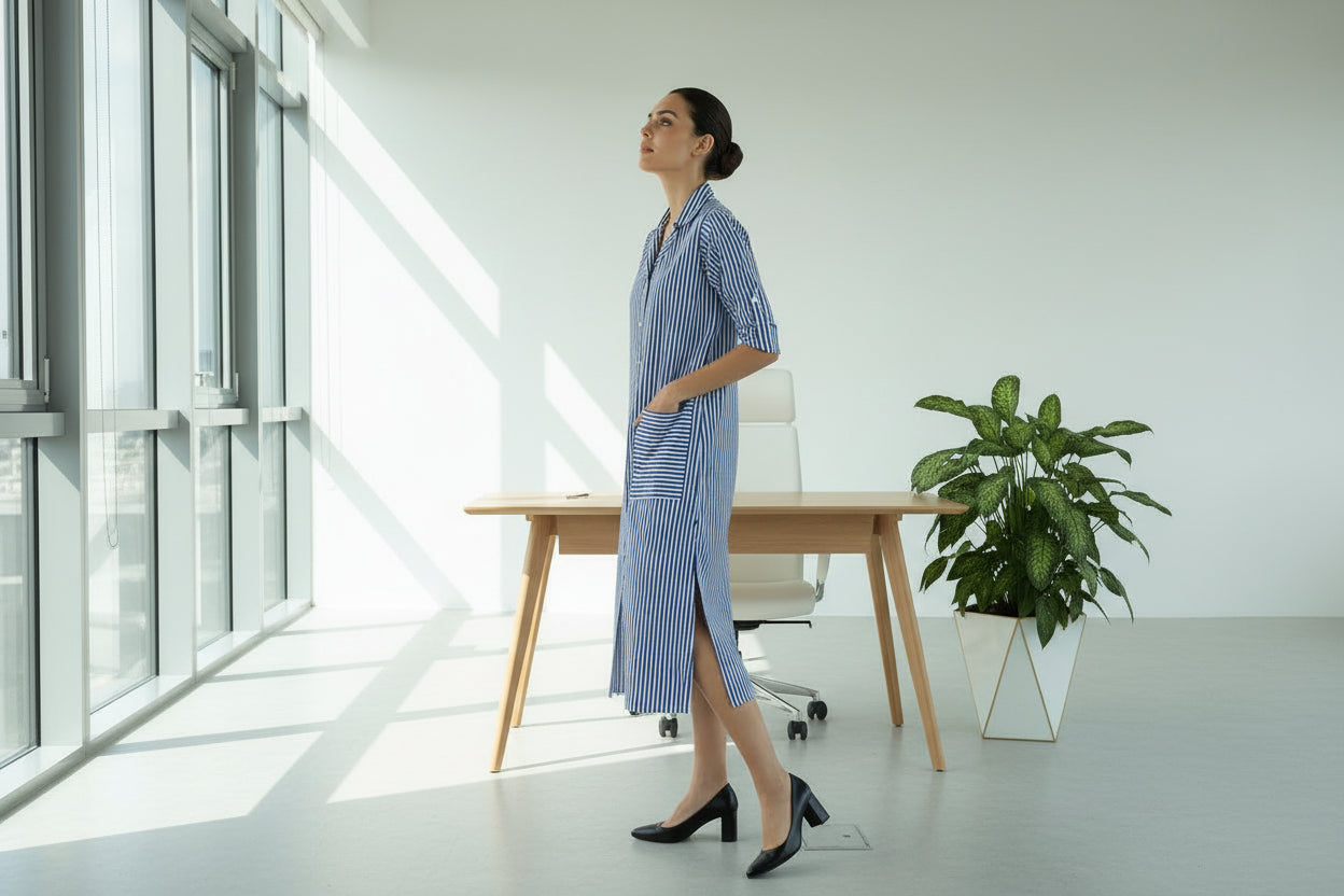 Blue Striped Front Pocket Shirt Dress
