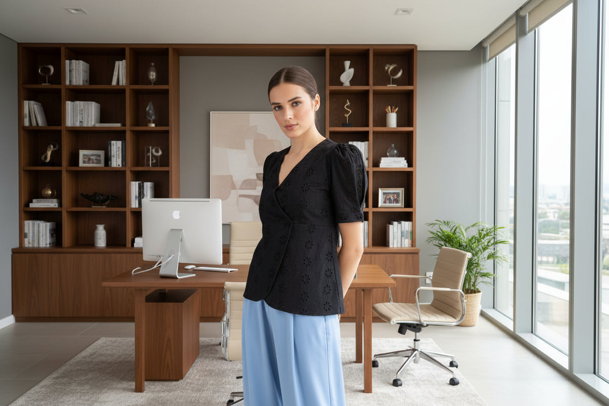 Black Schiffli Peplum Top