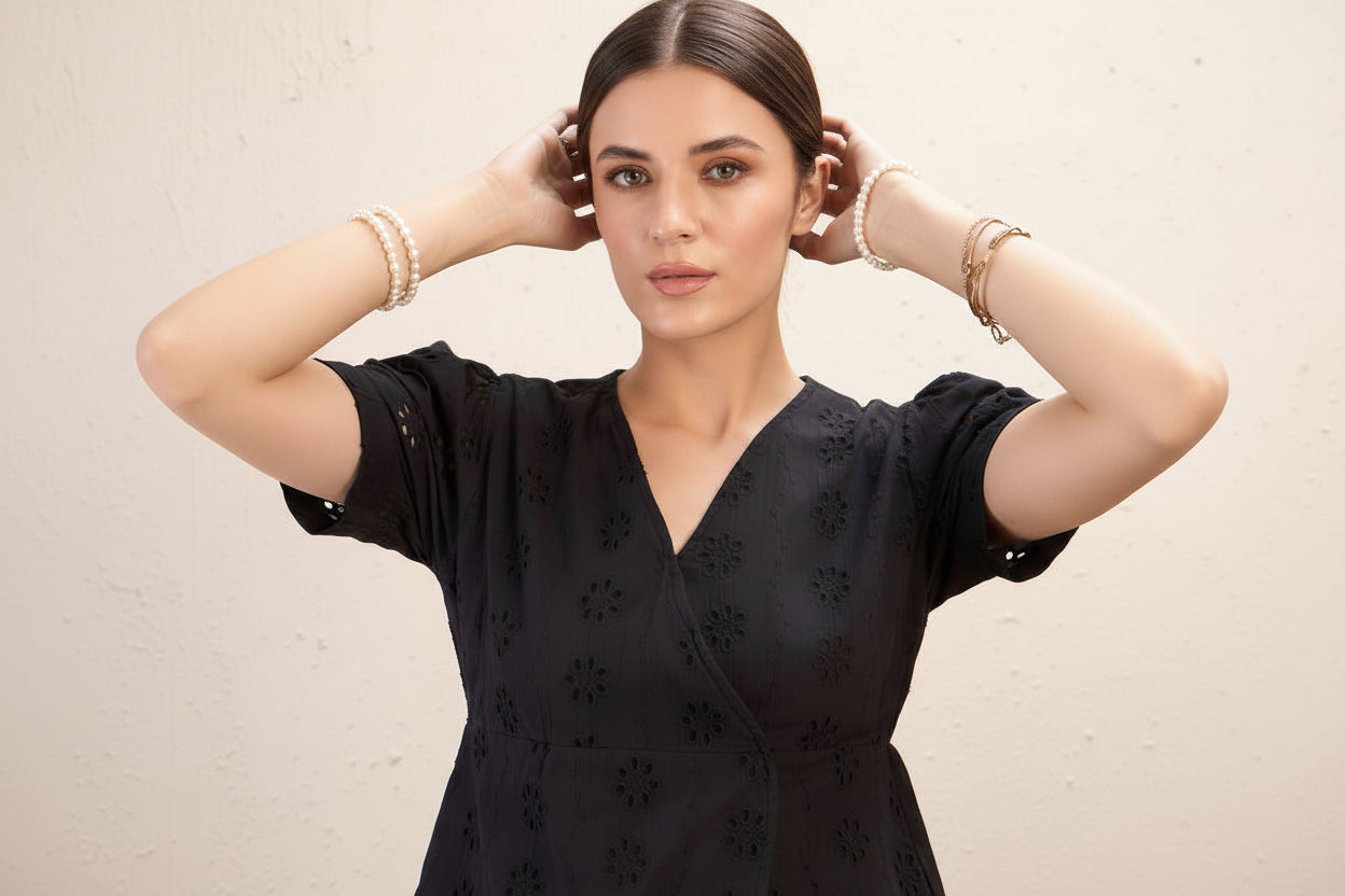 Black Schiffli Peplum Top