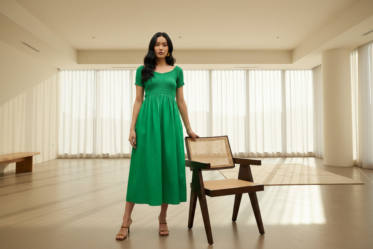 Green Smocked Midi