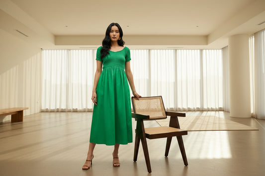 Green Smocked Midi