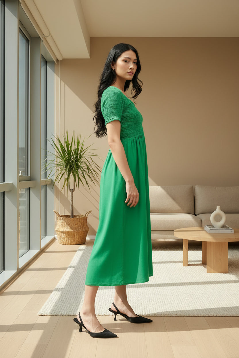 Green Smocked Midi