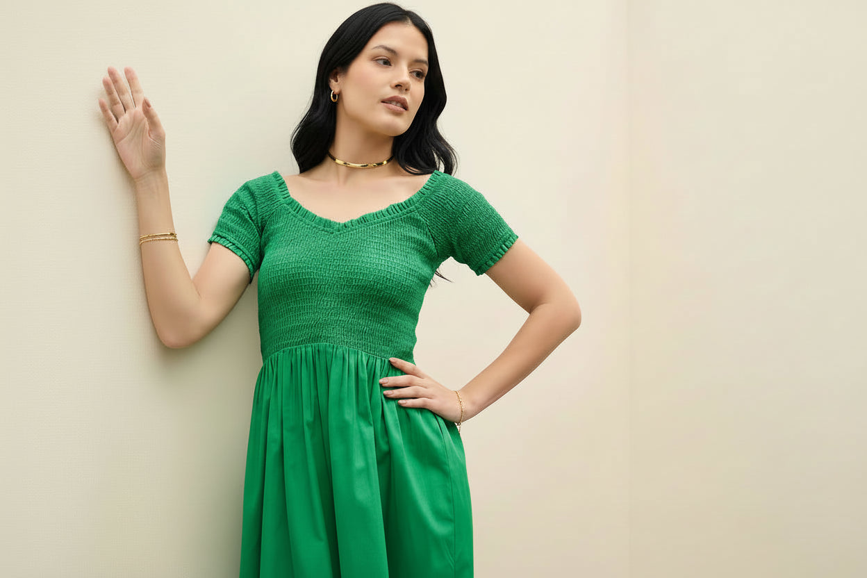 Green Smocked Midi