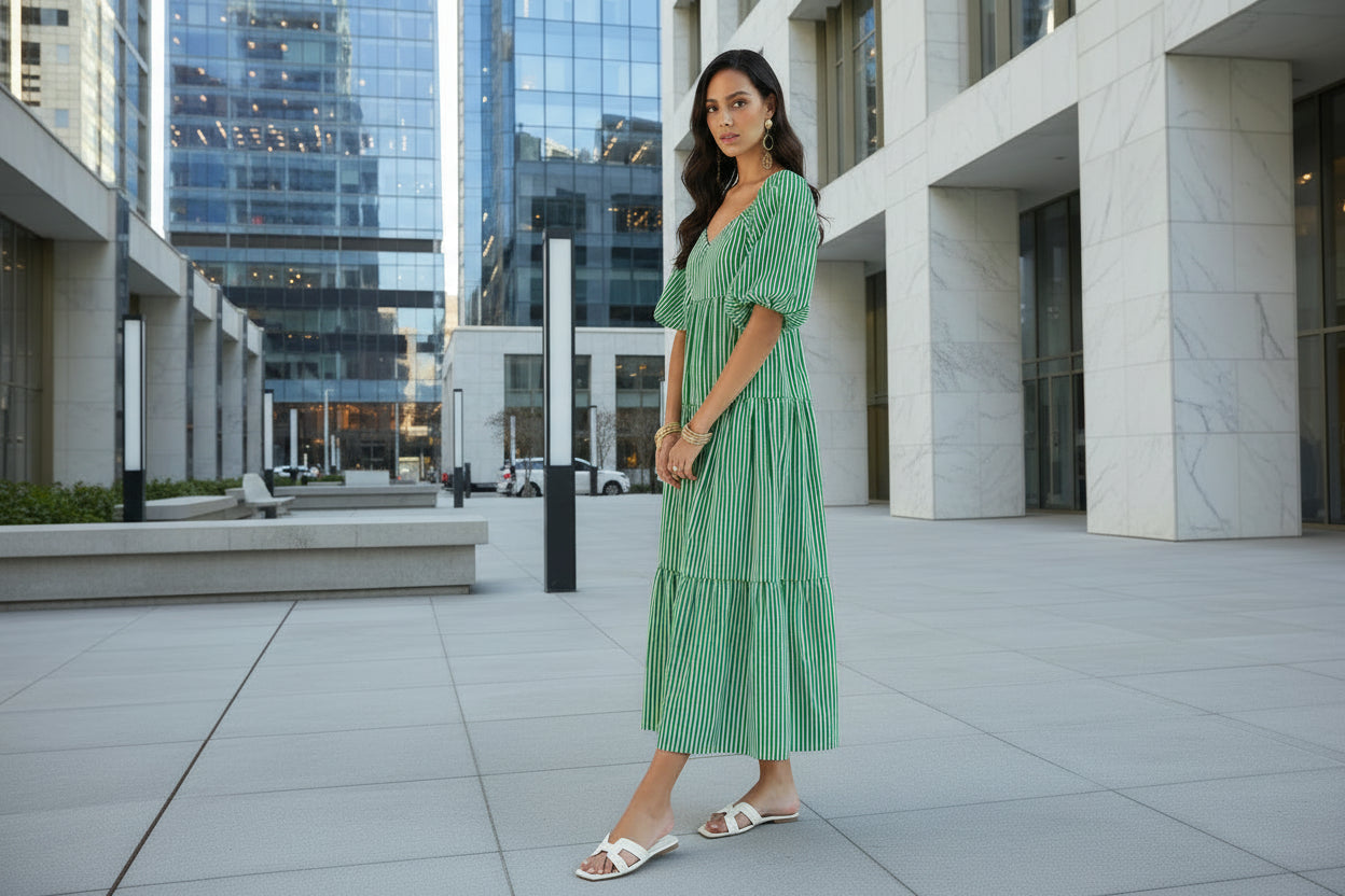 Green Striped Tiered Maxi