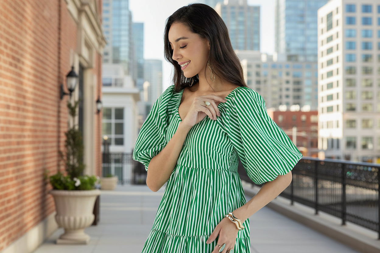 Green Striped Tiered Maxi