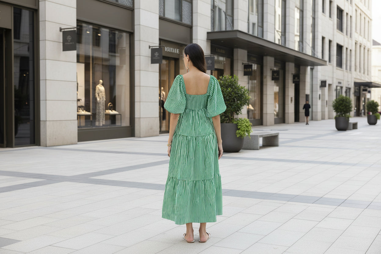 Green Striped Tiered Maxi
