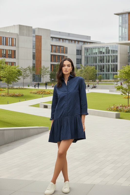 Navy Blue Schiffli Dress