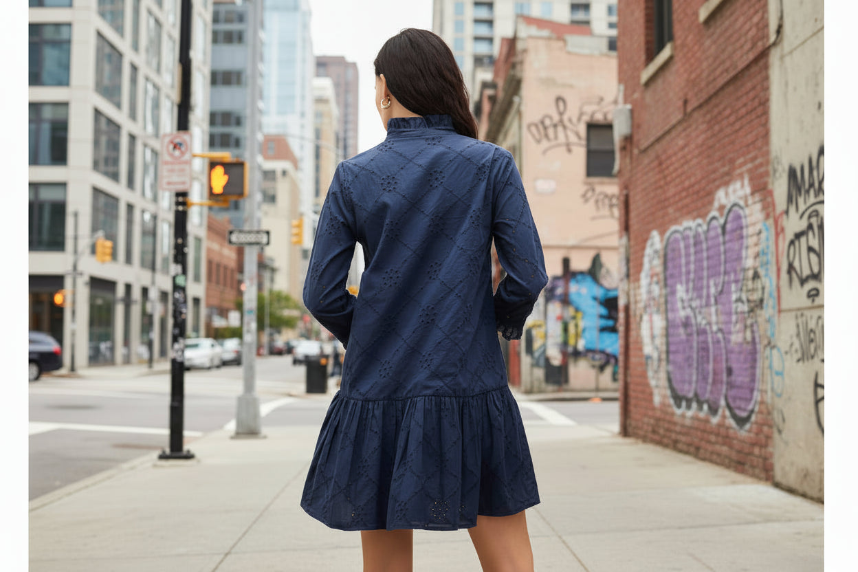 Navy Blue Schiffli Dress