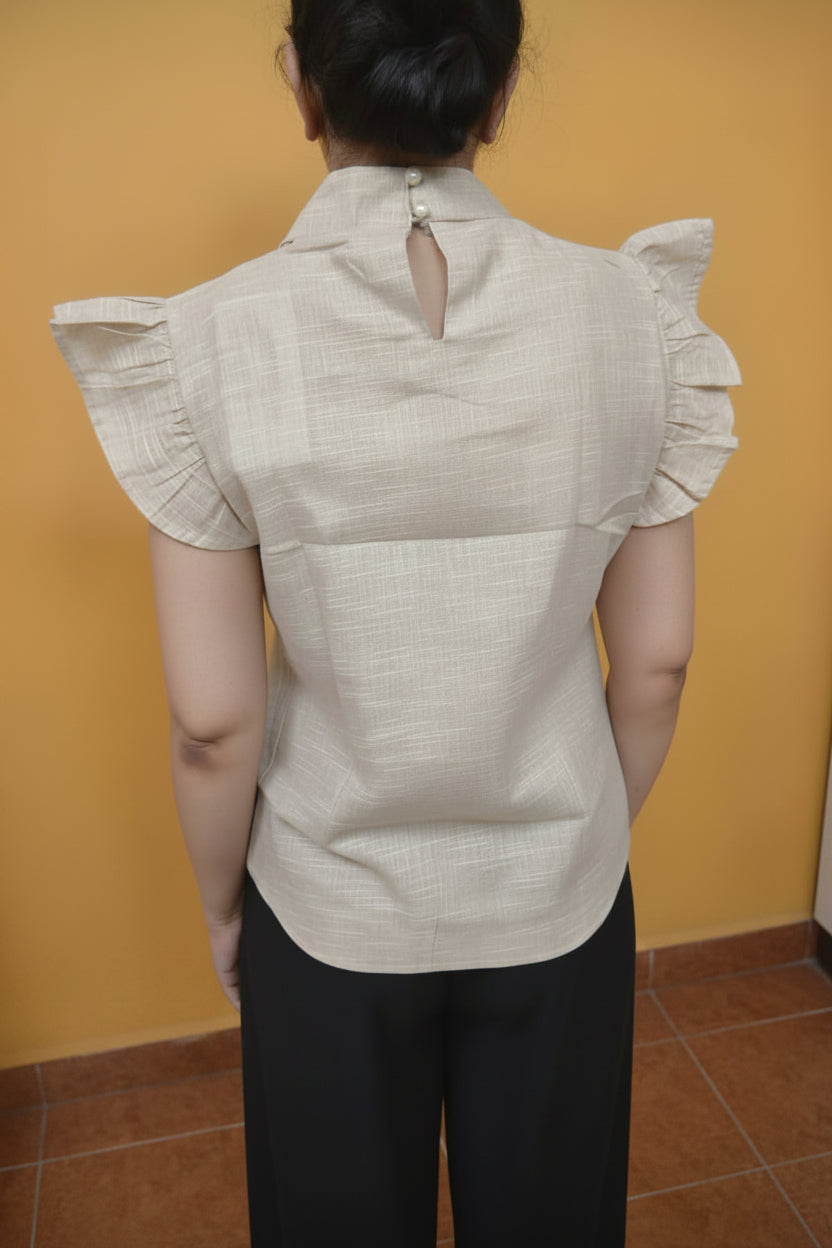 Beige Solid Collared Top