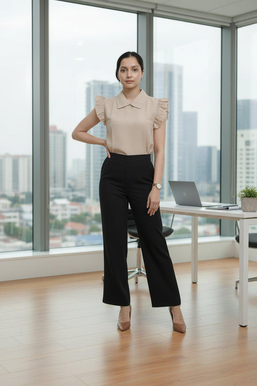 Beige Solid Collared Top