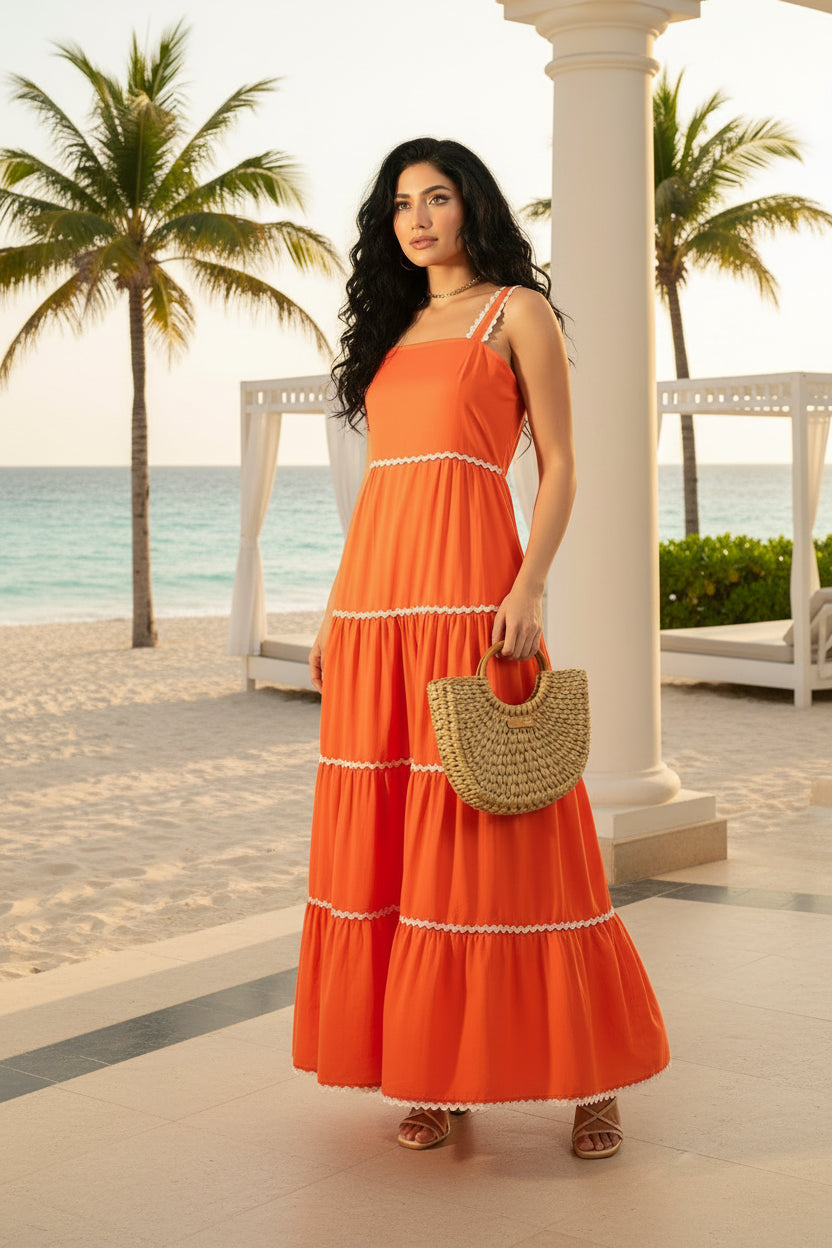 Orange Tiered Lace Maxi