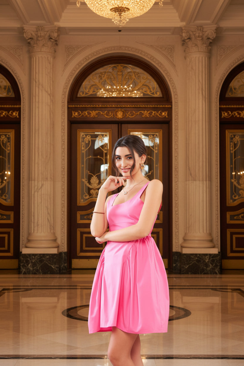 Pink Solid Flared Dress