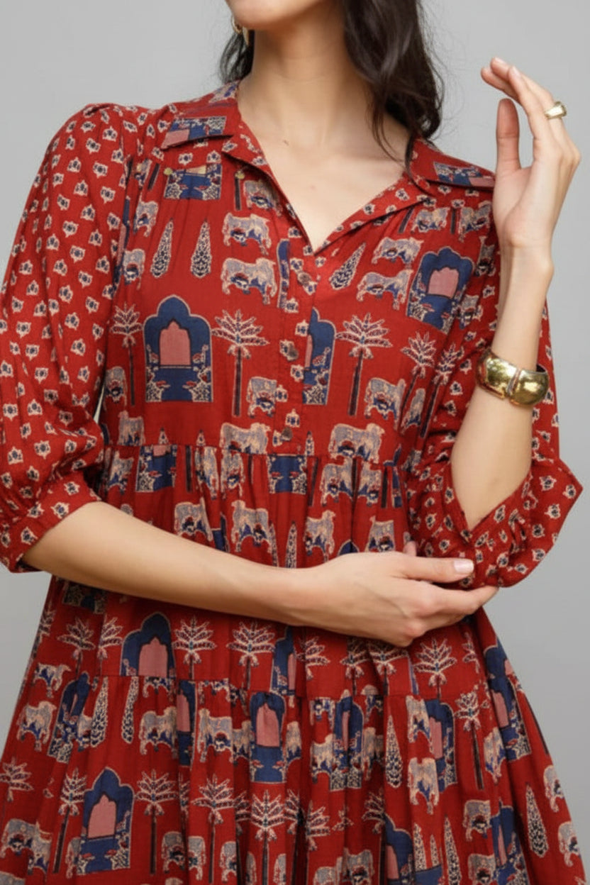 Maroon Ethnic Flared Dress