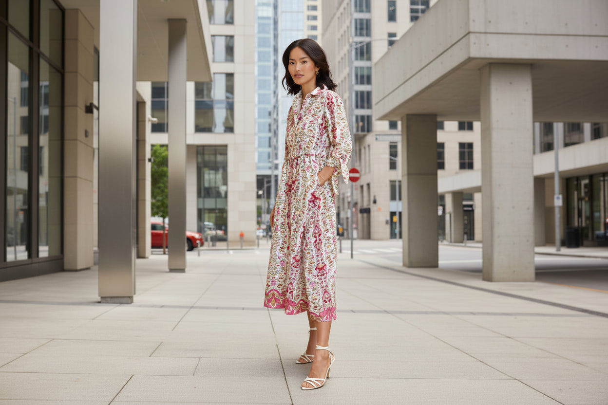 White Floral Belted Midi