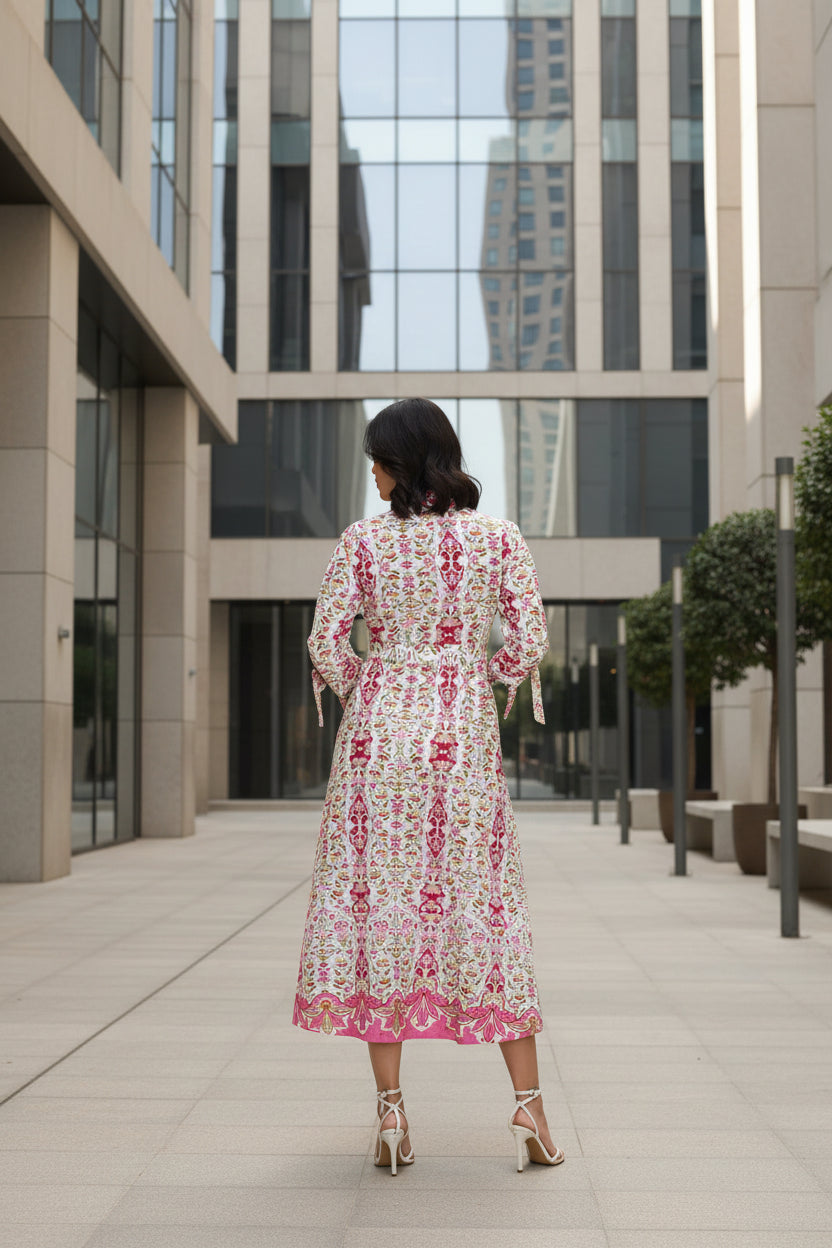 White Floral Belted Midi