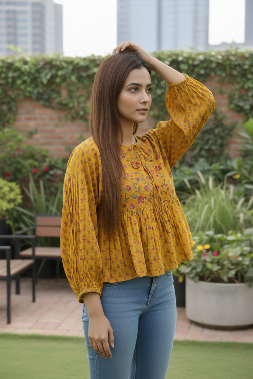 Yellow Peplum Floral Top